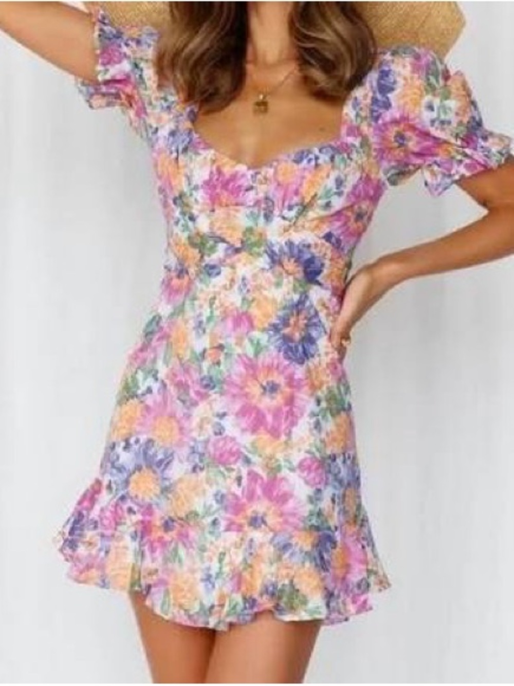 Hello Molly Pink Multi Floral Puff-Sleeve Mini Dress